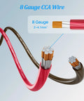 Red and black CCA cables from 8 Gauge Power Ground Wire Kit for Car Audio and Auto Electrical Installations, showing copper strands.