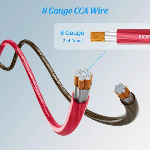 Red and black CCA cables from 8 Gauge Power Ground Wire Kit for Car Audio and Auto Electrical Installations, showing copper strands.