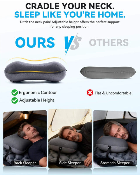 Comparison of Ultralight Inflatable Travel Neck Pillow With Removable Cover and a flat pillow, showing ergonomic support benefits.