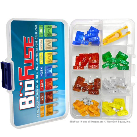 Straight Up Heavy Duty Mini Blade Fuse Kit With Puller 50 Piece Automotive Electrical Repair Assortment showing color coded fuses in a compact case.