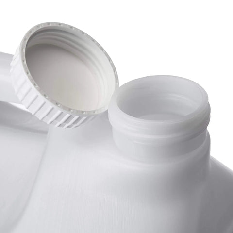 Close-up of Two Pack Two And A Half Gallon Hedpak Liquid Storage Containers With Cap Food Grade HDPE Plastic Natural Color Heavy Duty Cap With Foam Liner Tight Seal For Shipping And Storing Liquids