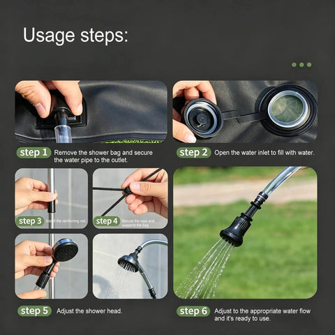 Step-by-step instructions for using 20L Capacity Heated Camp Shower Bag With Hose, Durable Fabric Portable Shower For Camping And Road Trips, Indoor Dorm Use, Go To Outdoor Gear For Sports, Easy Grip Handle And Quick Setup.