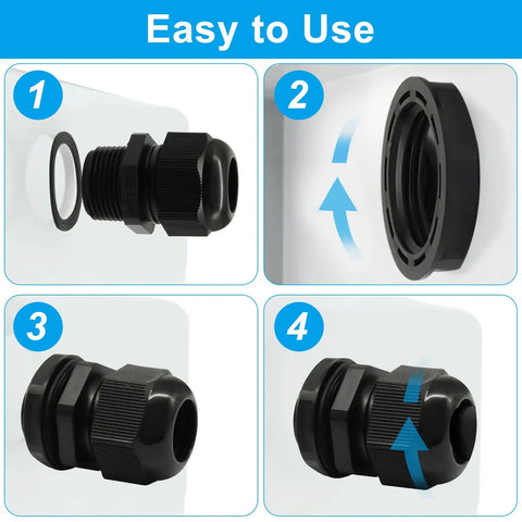 Step-by-step assembly of Six Pack Three Quarters Inch Plastic Industrial Grade Cable Glands Cord Grips Waterproof Grommets