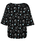 Back view of Comfy Loose Fit Womens Short Sleeve Boat Neck Tee Casual Blouse Soft Breathable Polyester Spandex Top with Galaxy Dragon Space Print on Black