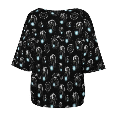Back view of Comfy Loose Fit Womens Short Sleeve Boat Neck Tee Casual Blouse Soft Breathable Polyester Spandex Top with Galaxy Dragon Space Print on Black