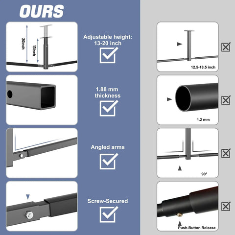 Diagram showing features of Ceiling Kayak Storage Rack for Garage Heavy Duty Overhead Kayak Hanger with adjustable arms and screw-secured brackets.