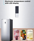 No Sweat Setup 21 Cubic Feet Convertible Freezer And Refrigerator Stand Up Cabinet showing LED temp control and food storage options.