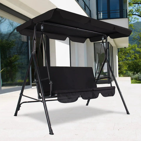 Three-Seat Outdoor Patio Swing Chair With Adjustable Canopy And Durable Steel Frame For Patio Garden And Poolside Black Finish