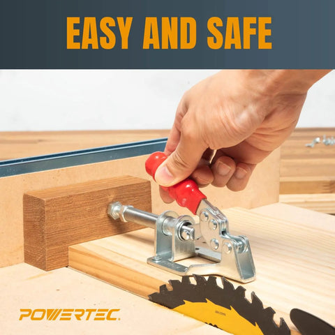 Using Two Pack Toggle Clamp Set With 300 Lb Holding Power on woodworking jig, ensuring stability for precise cutting.