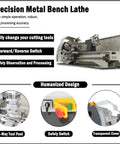 Lgx Enzhuo Wm210v Metric Precision Metal Lathe With Brushless Motor And Stepless Variable Speeds side view showing tool post and safety features.