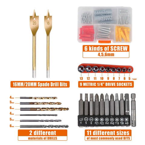 All In One Power Tools Kit With 60 Piece Accessory Set And 16.8V Cordless Drill For Home DIY And Repairs, sockets, screws, and drill bits