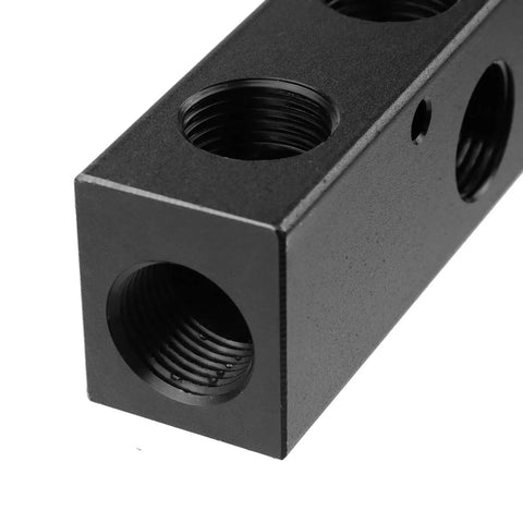 Heavy Duty Aluminum Air Compressor Manifold Set Featuring Six G1/2 Ports With Three Way Configuration close-up of a black aluminum manifold