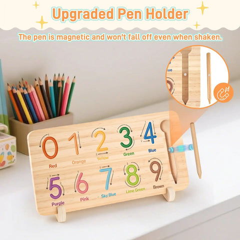 TOT APPROVED INTERACTIVE NUMBER BLOCKS WITH TALKING FEATURES smooth wooden number block set with magnetic pen holder, ideal for math practice.