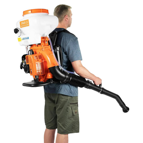 Man wearing gas-powered backpack sprayer with 41.5cc engine and 39.4ft reach for vegetable greenhouses orchards and gardens.