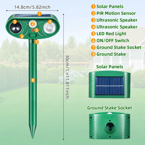 Two Pack Solar Ultrasonic Animal Repeller Set To Keep Cats, Deer And Other Pests And Critters Off Your Lawn And Garden, Easy Stake In Outdoor Deterrents That Recharge In Sun And Work Day And Night, green stake model