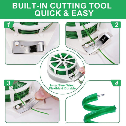 Image of 2 Pack Twist Ties For Garden Plants With Cutter 525 Feet showing built-in cutting tool and flexible green ties.