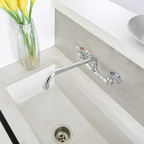Wall Mount Kitchen Faucet With 12 Inch Gooseneck Swivel Spout 8-Inch Center Two-Handle Commercial Sink Mixer In Polished Chrome Heavy-Duty Utility Faucet For Kitchen And Laundry Sinks installed above a white sink.
