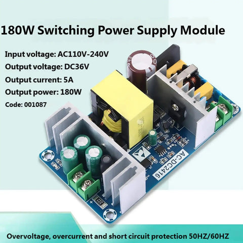 Switching Power Regulator Module With Over Current And Short Circuit Protection For 180W 36V Industrial Use Great For Pro Shops Makers And Small Equipment In Tight Spaces With Stable Efficient Power. 180W 36V AC-DC module with heatsinks and terminal blocks
