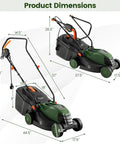 Corded 14 Inch Electric Push Lawn Mower With 3 Position Height Adjustment 9.3 Gallon Grass Collection Box 12 Amp Motor 1500W Power Lightweight Walk Behind Mower Easy To Maneuver For Small To Medium Yards Green product dimensions shown