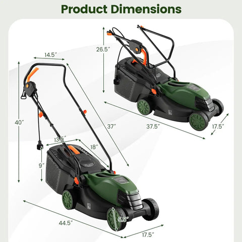 Corded 14 Inch Electric Push Lawn Mower With 3 Position Height Adjustment 9.3 Gallon Grass Collection Box 12 Amp Motor 1500W Power Lightweight Walk Behind Mower Easy To Maneuver For Small To Medium Yards Green product dimensions shown
