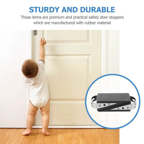 Baby reaching for door with 2 Piece Rubber Door Wedge With Stainless Steel Core Non Slip Door Stopper in overlay.
