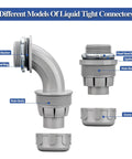 Different models of No Brainer Half Inch Liquid Tight Conduit And Connector Kit showing connectors and their parts.