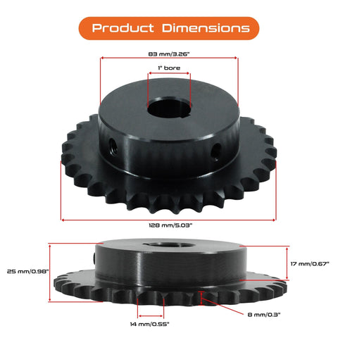 Heavy Duty 30 Tooth Roller Chain Sprocket With Half Inch Pitch And 1 Inch Bore For 40 Chain Carbon Steel, ISO 9001 Certified
