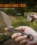 Close-up of EDC Pocket Knife With 2.97 Inch 14C28N Blade, G10 Handle, focusing on top liner lock held in hand.