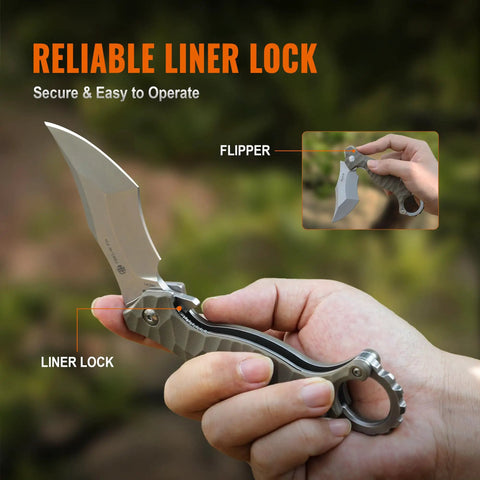Close-up of EDC Pocket Knife With 2.97 Inch 14C28N Blade, G10 Handle, focusing on top liner lock held in hand.