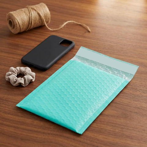 Teal 5x6 Inch Poly Bubble Mailers With Self Seal Adhesive Waterproof Padded Shipping Bags For Small Biz Packing Durable Bubble Envelopes For Secure Item Protection 100 Count shown on wooden table with accessories.