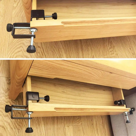 2-Pack Adjustable Drawer Front Mounting Clips And Clamps For Cabinet Hardware Jig installed on wooden drawer