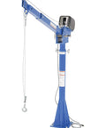 Workhorse 115 Volt Power Lift Jib Crane Built Tough Lets You Move Two Thousand Pounds With No Sweat Three Sixty Degree Spin Adjustable Boom Reach and Four Precision Height Stops For Shops side view of the crane's boom and winch.