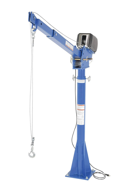 Workhorse 115 Volt Power Lift Jib Crane Built Tough Lets You Move Two Thousand Pounds With No Sweat Three Sixty Degree Spin Adjustable Boom Reach and Four Precision Height Stops For Shops side view of the crane's boom and winch.