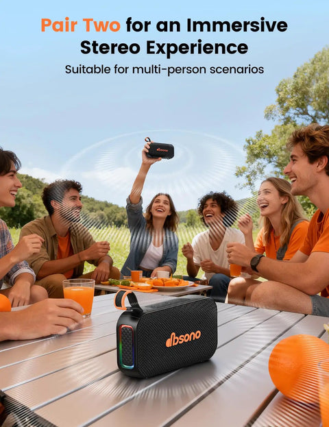 Group enjoying music outdoor with 20W Bluetooth Speaker With Dope Stereo Sound 30 Hours Playtime IPX5 Water Resistant Portable Wireless Speaker With Deep Bass And Light Show Ideal Gift For Men Teens Adults Beach Vacation Essential Black.