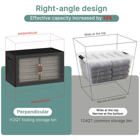 Heavy Duty Lockable Plastic Storage Bins 8 Pack Collapsible Stackable Organizers with right-angle design and size comparison.