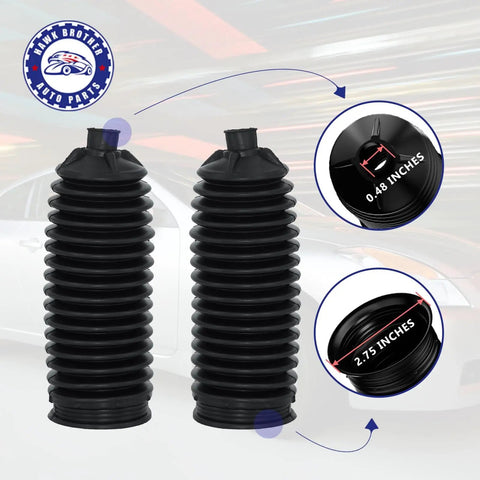 Rack And Pinion Boot Bellows For Nissan 350Z Altima Maxima Murano Infiniti G35 I30 I35 M35 M45 Q45 Replacement Part Made To Fit 2000 2011 Models With Durable Rubber Seal No Fuss Easy Install, two black boot bellows, size details 0.48 inches and 2.75 inches shown