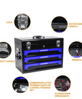 Rock Solid 20 Inch Portable Metal Toolbox With Triple Drawer Layout And Quick Access Top Tray showing heavy duty handle and lock features.