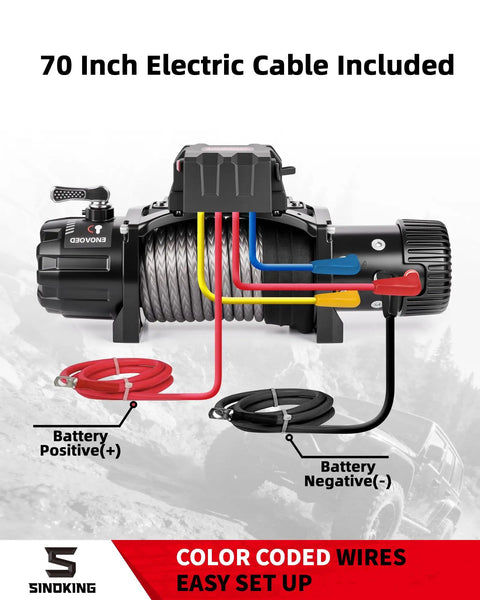 Pro Series 13500 Lb 12V Electric Winch With Synthetic Rope, 2 In 1 Wired And Wireless Remote, IP67 Waterproof, 7 HP Motor, Heavy Duty Recovery For Jeep SUV Truck And Trailer color coded wiring with 70 inch cable