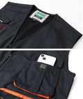 Close-up of Kickass Lightweight Carpenter Work Vest For Electricians And Woodworkers Featuring Rock Solid Multi Pocket Layout With Durable Heavy Duty Construction In Classic Black showing phone pocket.