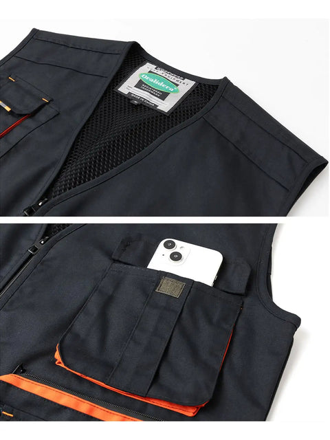 Close-up of Kickass Lightweight Carpenter Work Vest For Electricians And Woodworkers Featuring Rock Solid Multi Pocket Layout With Durable Heavy Duty Construction In Classic Black showing phone pocket.