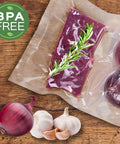 Vacuum-sealed steak and onions with rosemary in BPA-free bags, Six Pack Vacuum Sealer Bags Rolls In Two Sizes 8 By 20 Inches And 11 By 20 Inches BPA Free Puncture Resistant Universal Clamp Style Fit All Sealer Machines Great For Food Storage And Sous Vide Cooking
