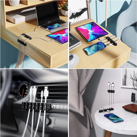 Upgraded Silicone Cable Clips Holder Self Adhesive Cord Management Organizer for desktop and bedside shown in various settings