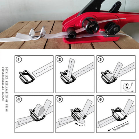 Pro Grade Heavy Duty Pallet Banding Strapping Kit With Manual Woven Cord Tensioner showing instructions on wooden surface.