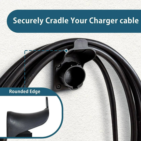 Heavy Duty J1772 EV Charger Holder Wall Mount Electric Vehicle Cable Organizer For SAE J1772 Plug with rounded edge detail.