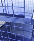 Close-up view of heavy duty foldable warehouse trolley with steel mesh bins and swing lock doors, showing durable material detail.