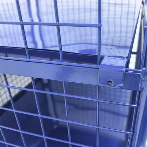 Close-up view of heavy duty foldable warehouse trolley with steel mesh bins and swing lock doors, showing durable material detail.