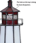 Top view of Peggy's Cove Lighthouse Tiffany Style Stained Glass Accent Table Lamp Night Light for Home Decor 6 By 6 By 12 Inches Red