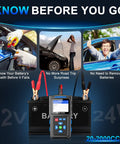 Battery Load Tester 12 Volt And 24 Volt For Cars And Trucks Quick Diagnostic Tool BT300 Easily Detects Starting And Charging System Faults Tests Lead Acid And AGM Batteries And All Automotive Starter Batteries showing 12V 24V clamps on a car battery