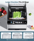 Front view of DualCore CVS101 chamber vacuum sealer in silver with celery bag inside, 6L capacity