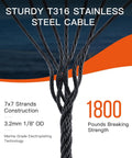 One Eighth Inch T316 Stainless Steel Aircraft Cable For Deck Railing, Seven By Seven Strand Core, 450 Feet, Includes Cutter